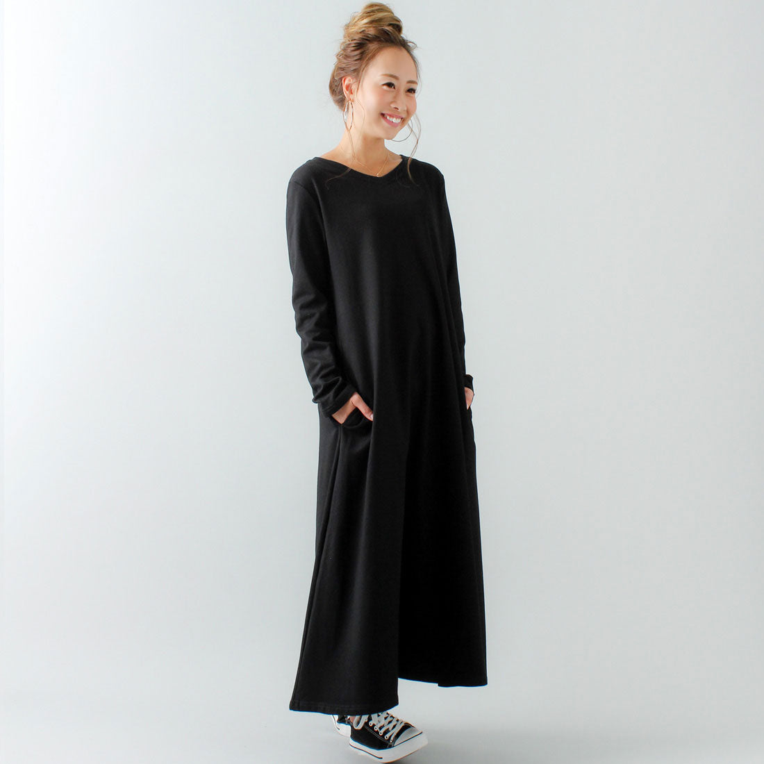 ジュノア JUNOAH Aライン長袖スウェットマキシ丈ワンピース