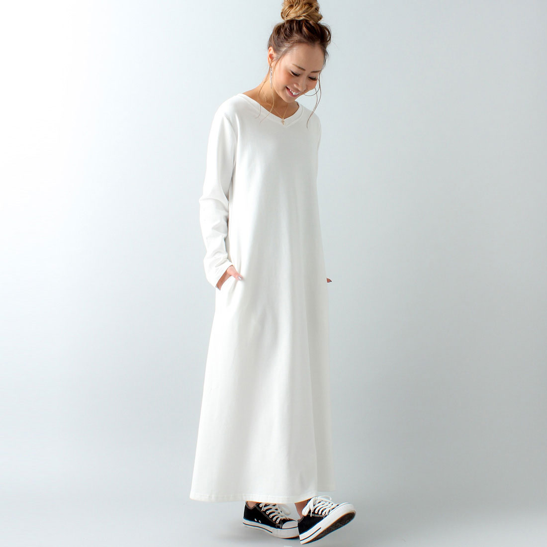 ジュノア JUNOAH Aライン長袖スウェットマキシ丈ワンピース