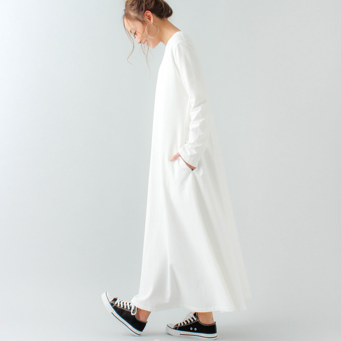ジュノア JUNOAH Aライン長袖スウェットマキシ丈ワンピース
