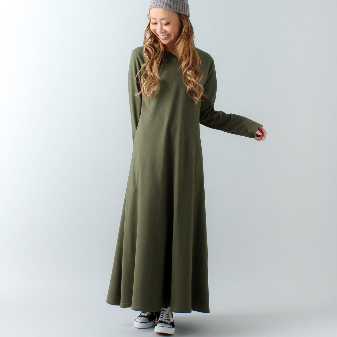ジュノア JUNOAH Aライン長袖スウェットマキシ丈ワンピース