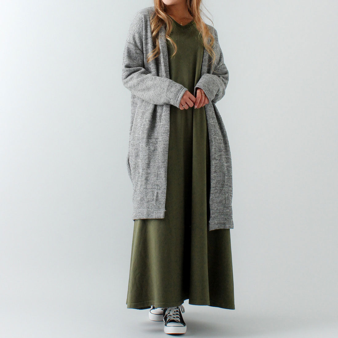 ジュノア JUNOAH Aライン長袖スウェットマキシ丈ワンピース