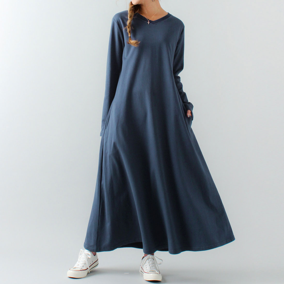 ジュノア JUNOAH Aライン長袖スウェットマキシ丈ワンピース