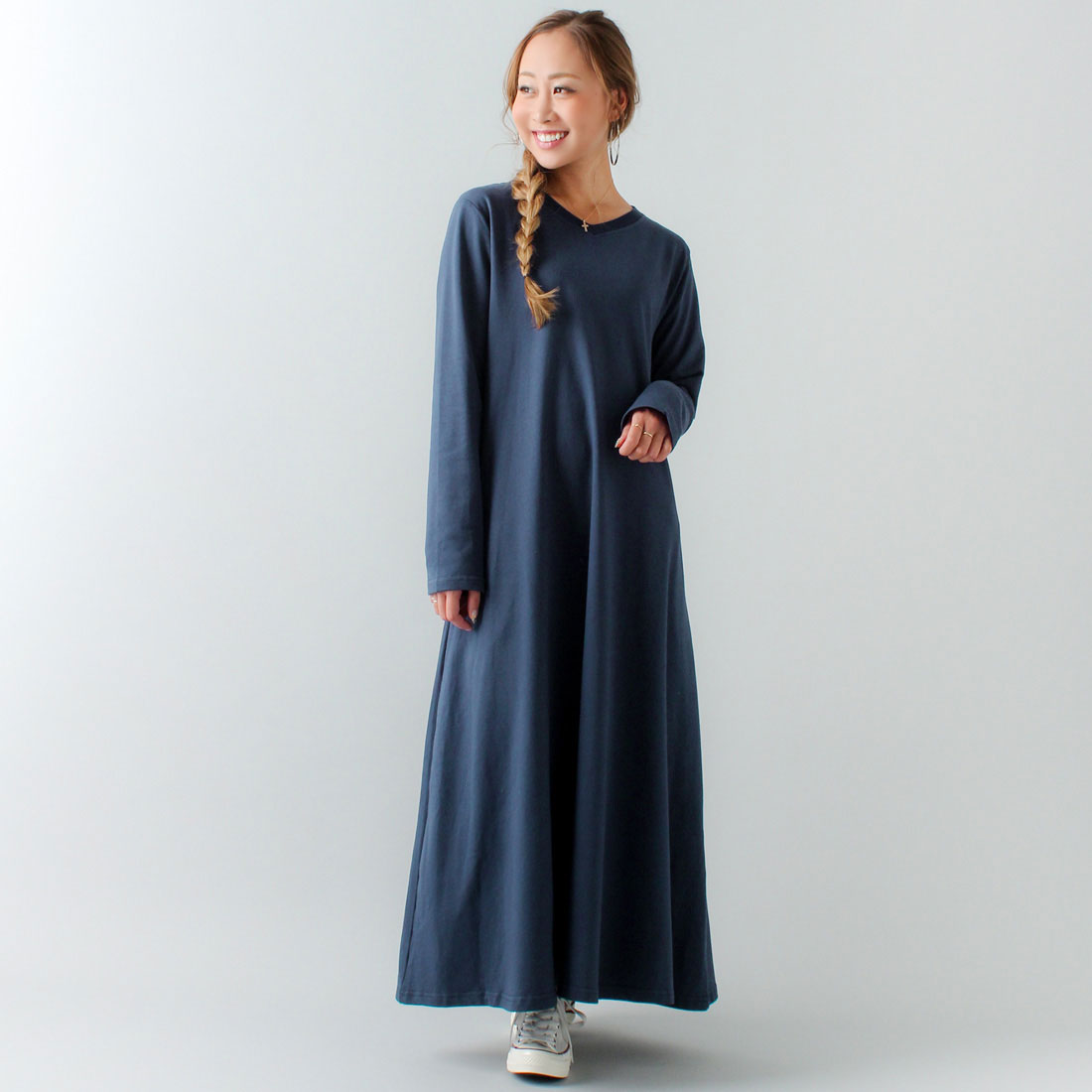 ジュノア JUNOAH Aライン長袖スウェットマキシ丈ワンピース