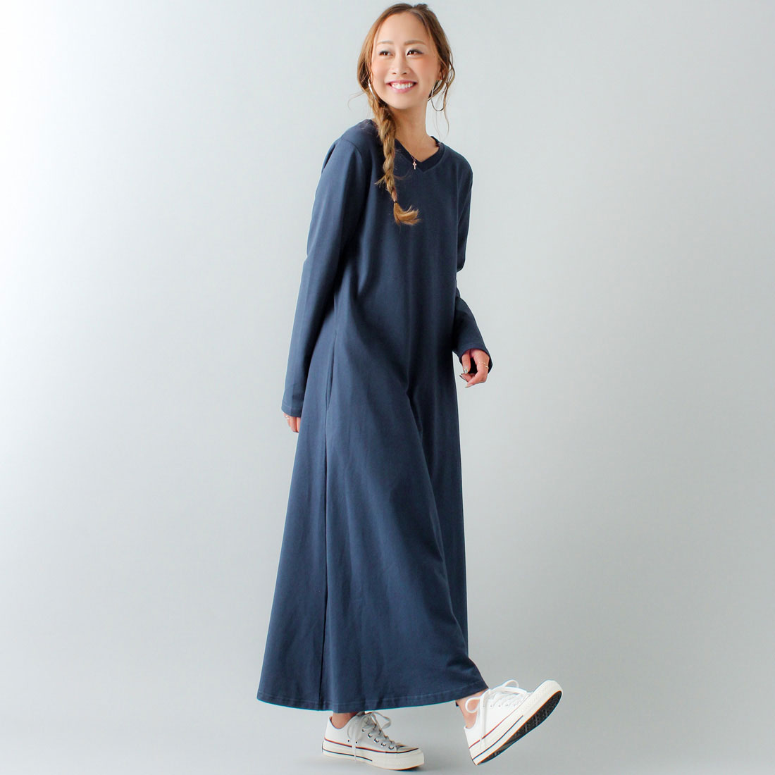 ジュノア JUNOAH Aライン長袖スウェットマキシ丈ワンピース