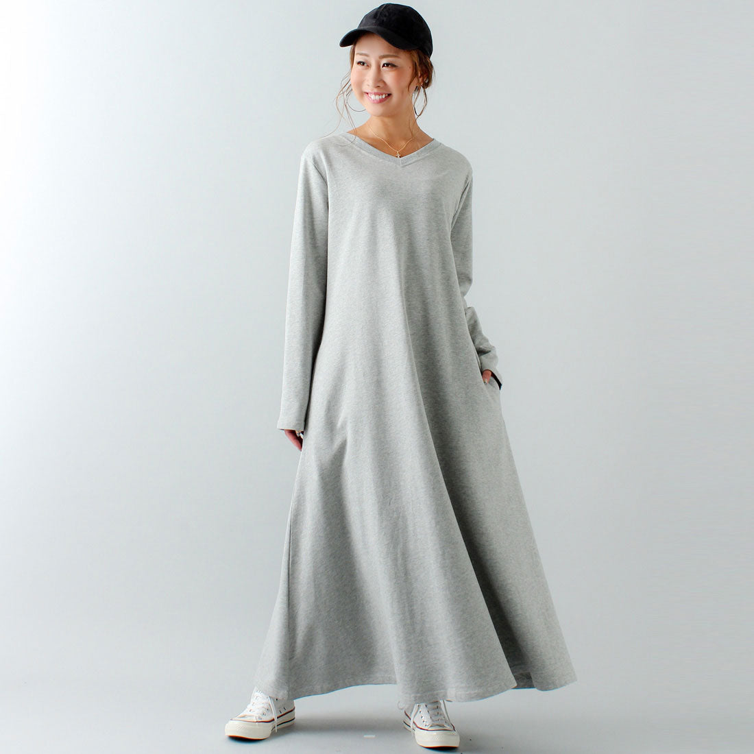ジュノア JUNOAH Aライン長袖スウェットマキシ丈ワンピース,ミックスグレー