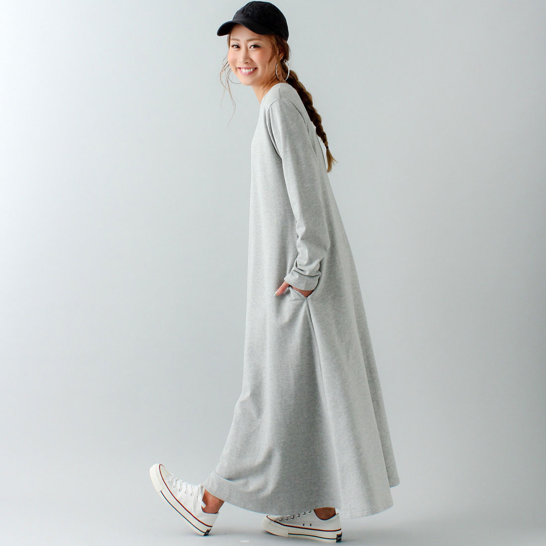 ジュノア JUNOAH Aライン長袖スウェットマキシ丈ワンピース