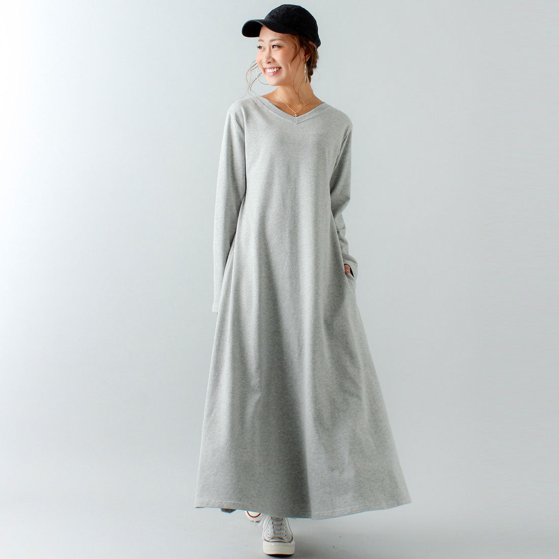 ジュノア JUNOAH Aライン長袖スウェットマキシ丈ワンピース
