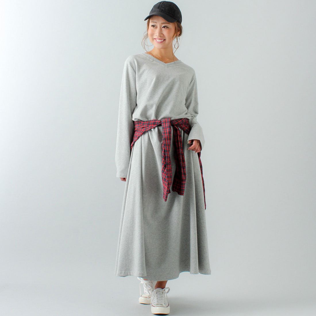 ジュノア JUNOAH Aライン長袖スウェットマキシ丈ワンピース