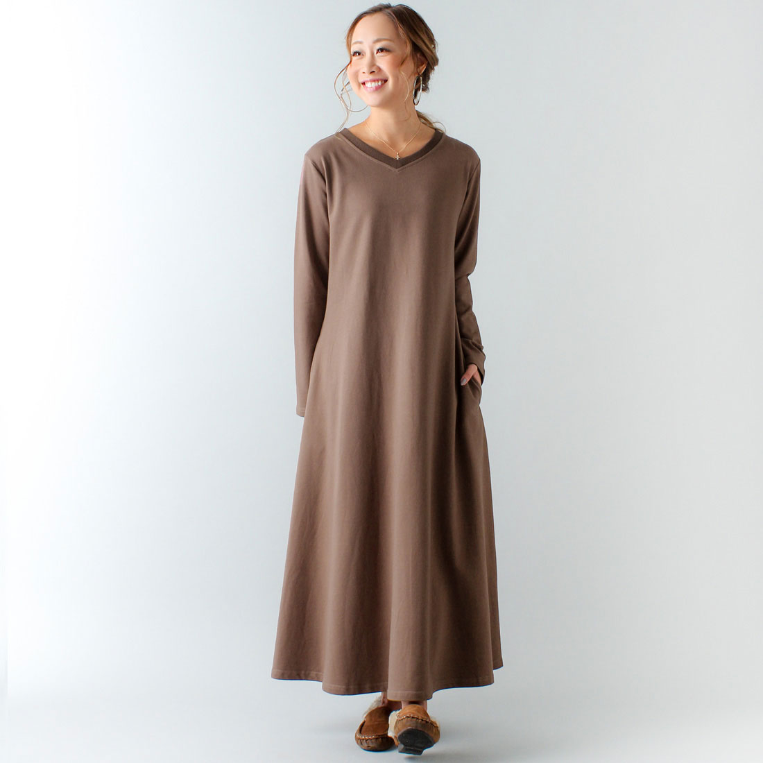 ジュノア JUNOAH Aライン長袖スウェットマキシ丈ワンピース