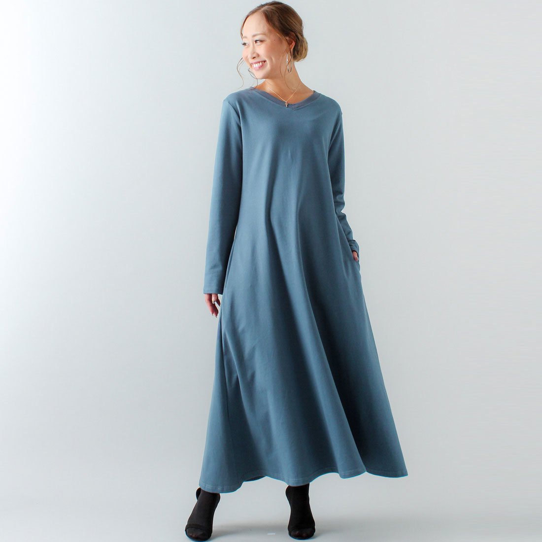 ジュノア JUNOAH Aライン長袖スウェットマキシ丈ワンピース