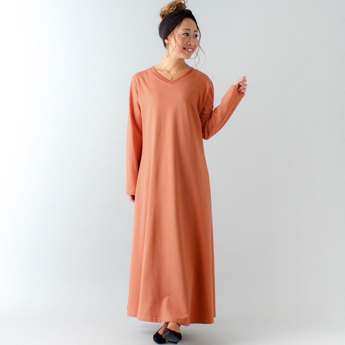 ジュノア JUNOAH Aライン長袖スウェットマキシ丈ワンピース