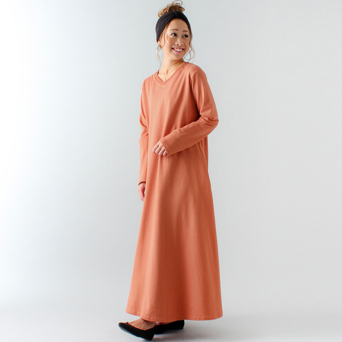 ジュノア JUNOAH Aライン長袖スウェットマキシ丈ワンピース