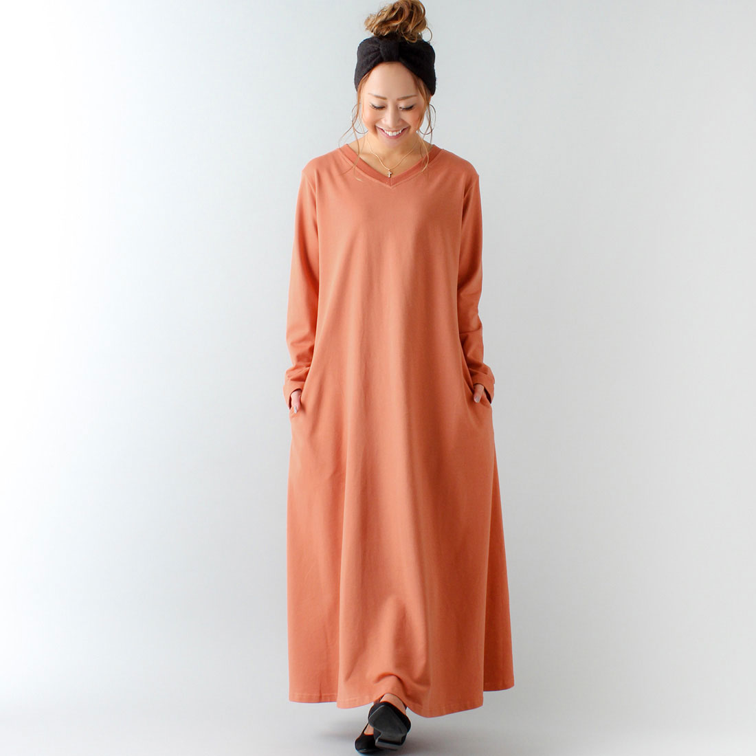 ジュノア JUNOAH Aライン長袖スウェットマキシ丈ワンピース