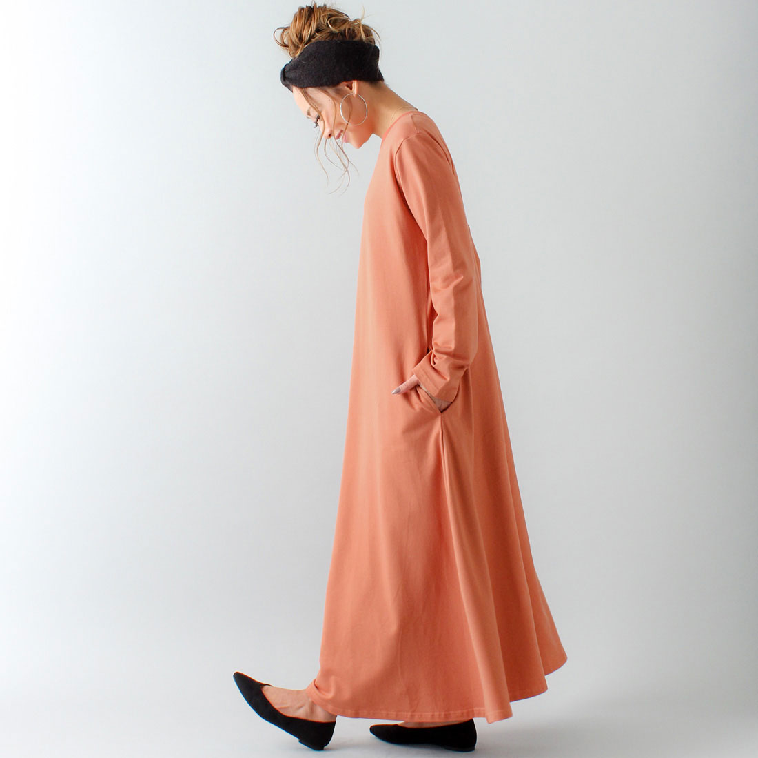 ジュノア JUNOAH Aライン長袖スウェットマキシ丈ワンピース