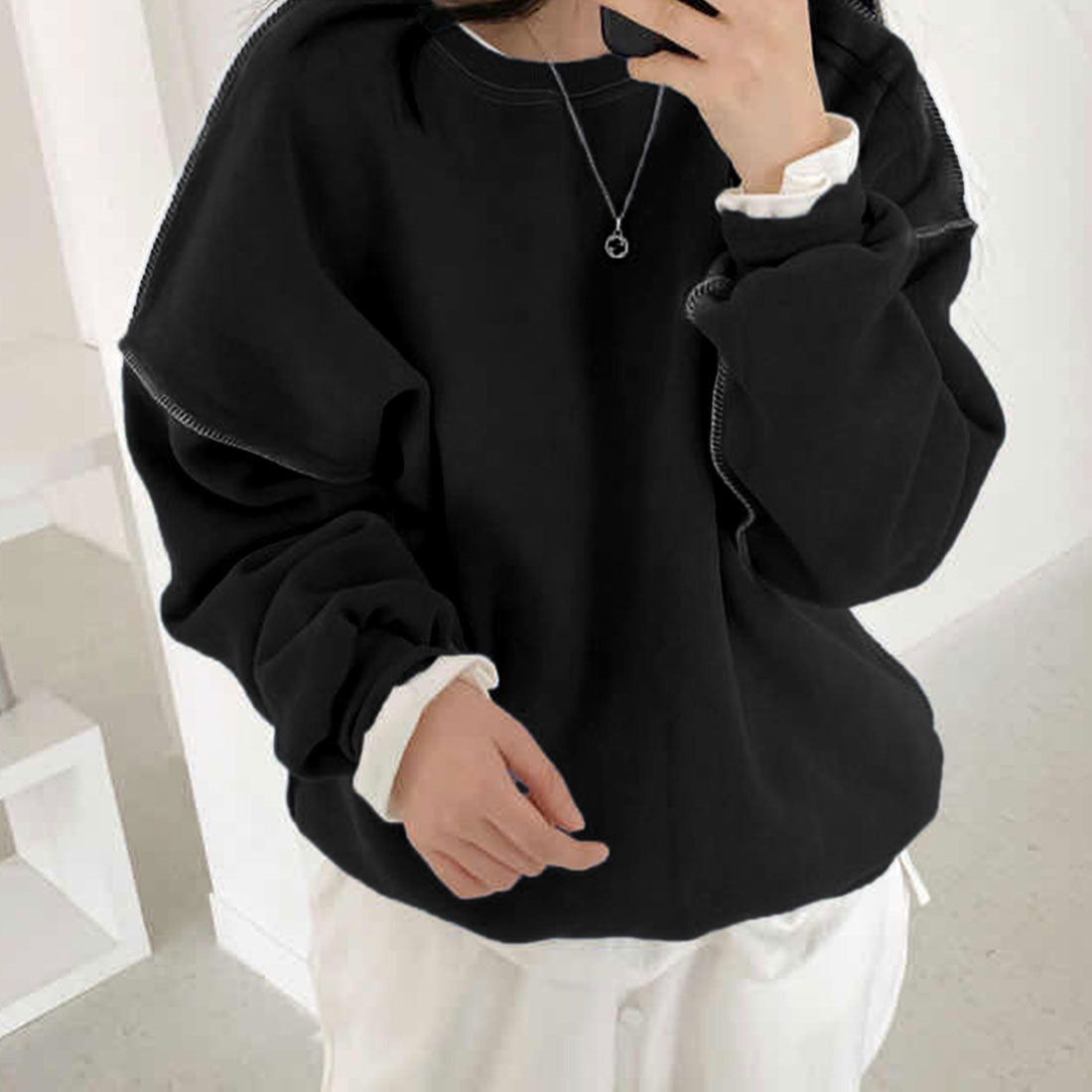 ジュノア JUNOAH ドロップショルダーデザイントレーナー 韓国ファッション 春 夏 秋 韓国 トップス 春服 夏服 トレーナー,ブラック