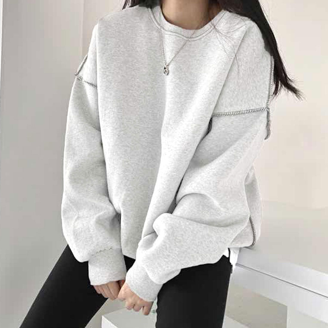 ジュノア JUNOAH ドロップショルダーデザイントレーナー 韓国ファッション 春 夏 秋 韓国 トップス 春服 夏服 トレーナー,杢ホワイト