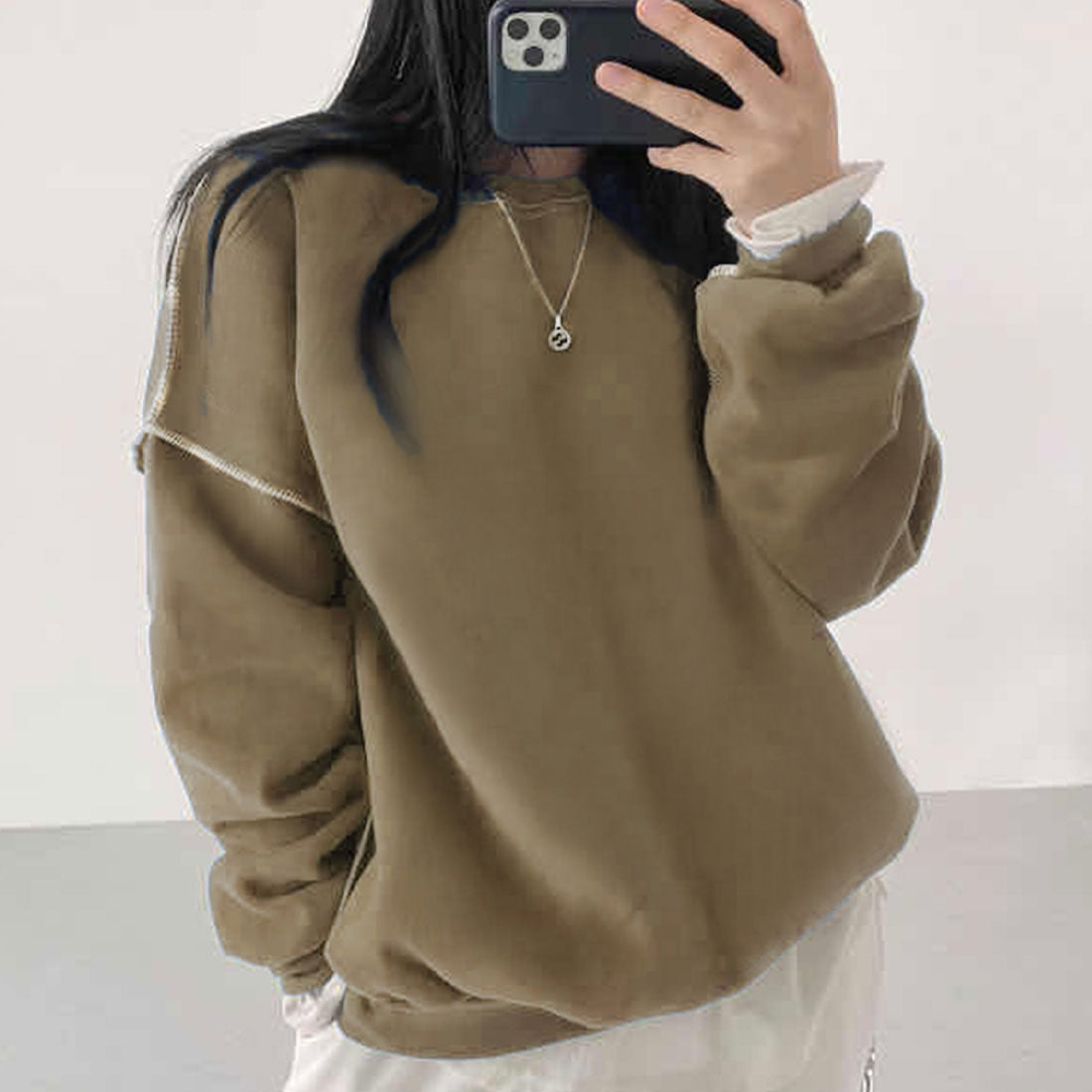 ジュノア JUNOAH ドロップショルダーデザイントレーナー 韓国ファッション 春 夏 秋 韓国 トップス 春服 夏服 トレーナー,グレージュ