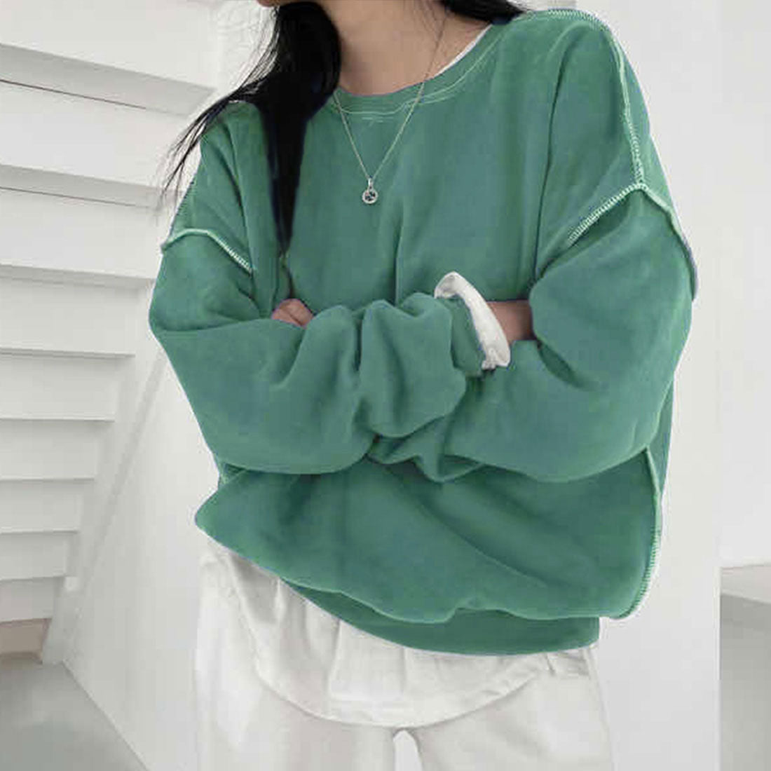 ジュノア JUNOAH ドロップショルダーデザイントレーナー 韓国ファッション 春 夏 秋 韓国 トップス 春服 夏服 トレーナー,ミント