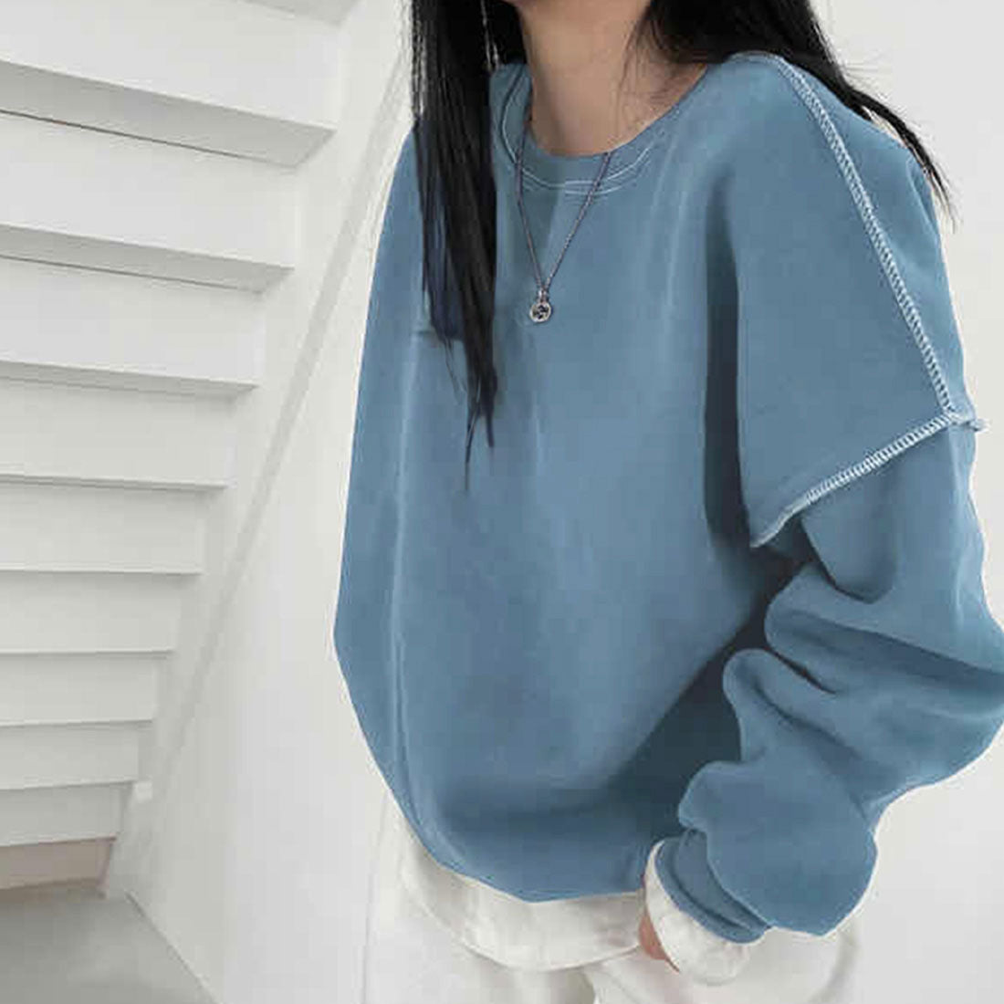ジュノア JUNOAH ドロップショルダーデザイントレーナー 韓国ファッション 春 夏 秋 韓国 トップス 春服 夏服 トレーナー,ブルー