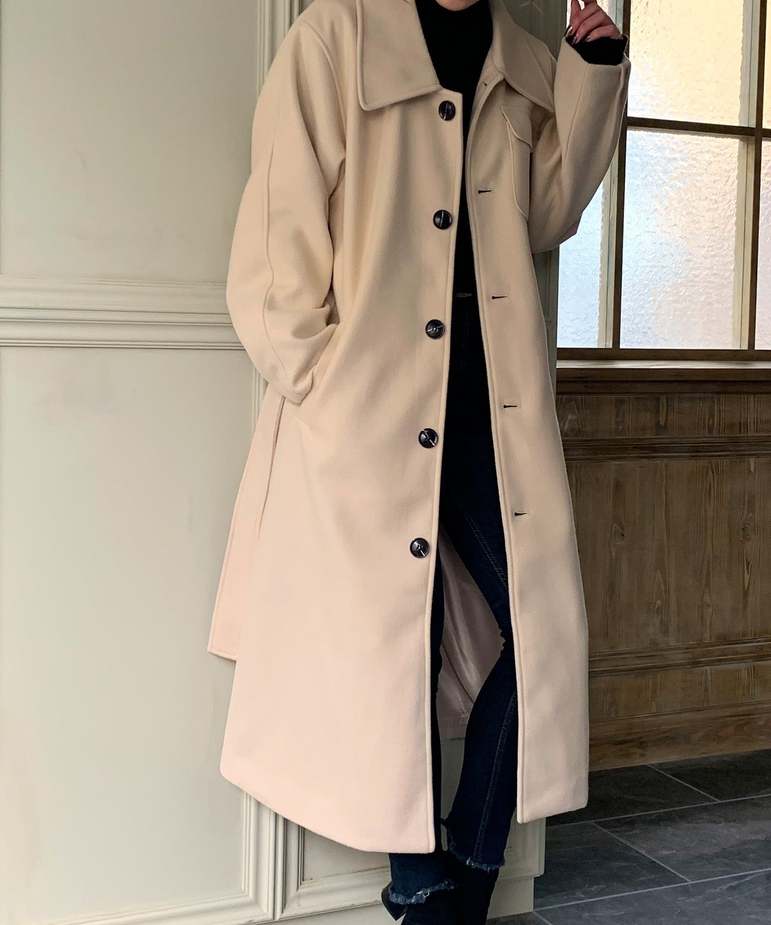ジュノア JUNOAH 胸ポケットラージカラーロングコート,アイボリー