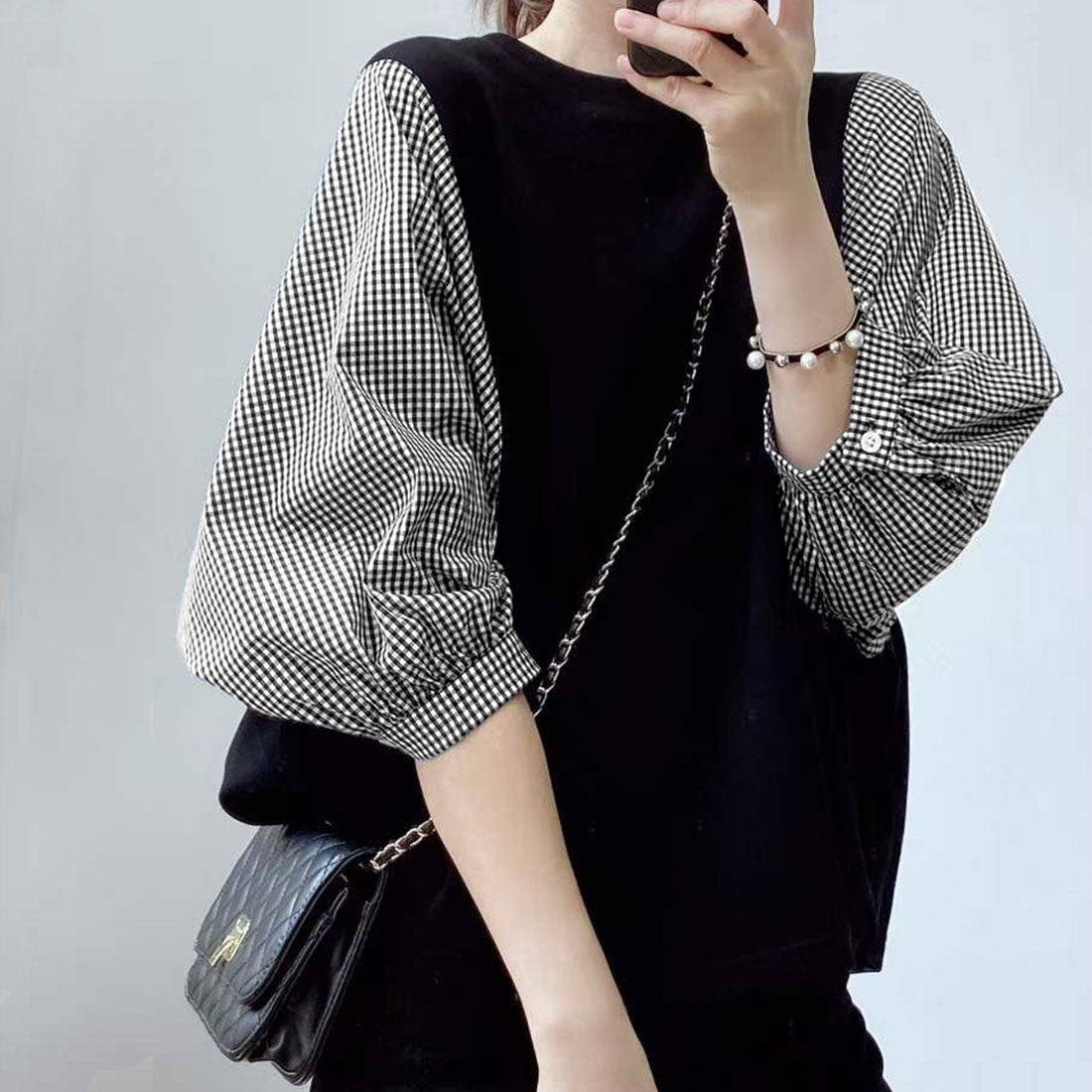 ジュノア JUNOAH 5分袖ドッキングブラウス 韓国ファッション,チェックブラック