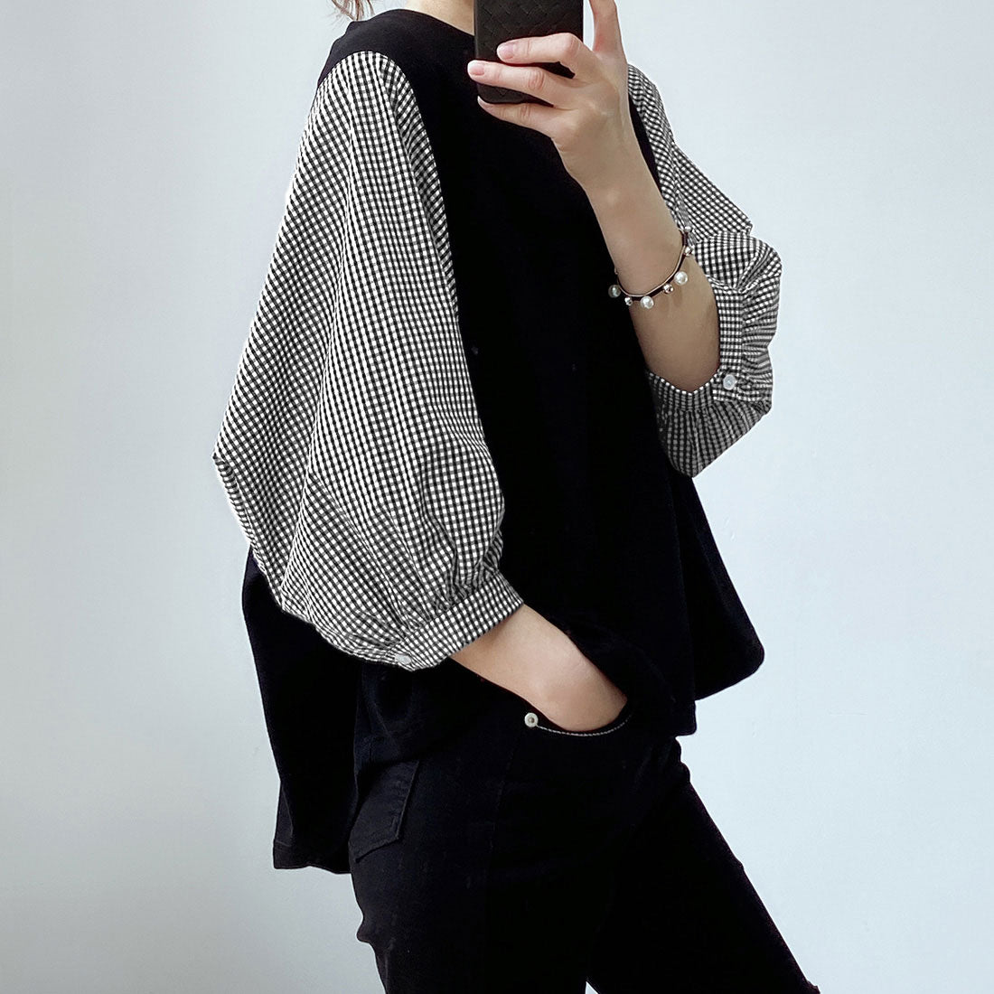 ジュノア JUNOAH 5分袖ドッキングブラウス 韓国ファッション