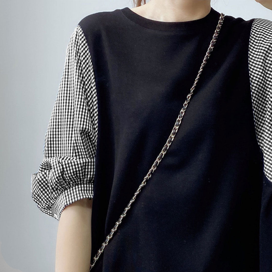 ジュノア JUNOAH 5分袖ドッキングブラウス 韓国ファッション