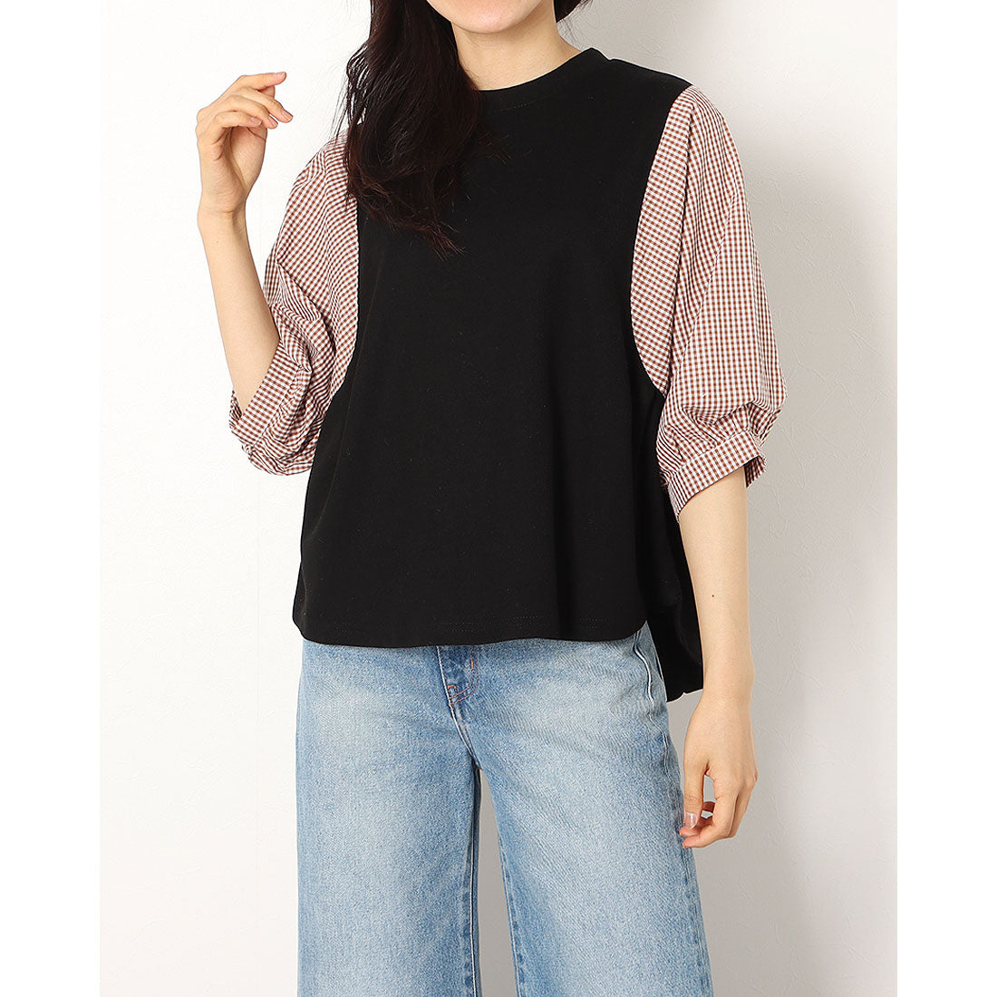 ジュノア JUNOAH 5分袖ドッキングブラウス 韓国ファッション