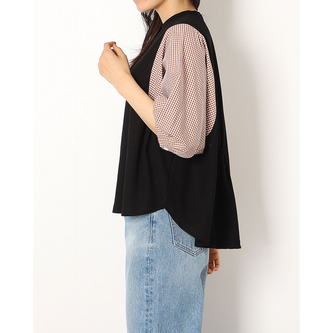 ジュノア JUNOAH 5分袖ドッキングブラウス 韓国ファッション