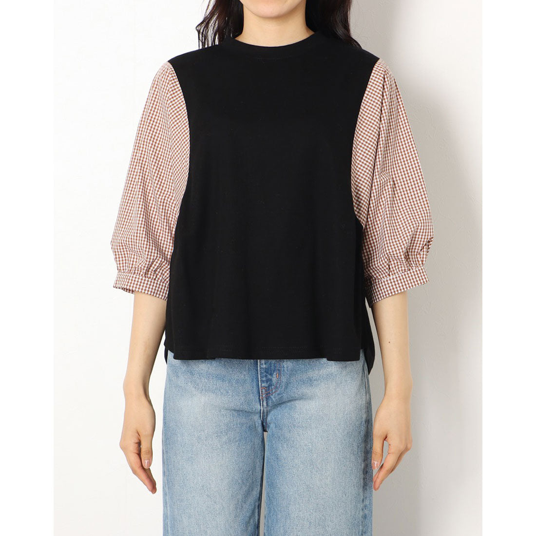 ジュノア JUNOAH 5分袖ドッキングブラウス 韓国ファッション