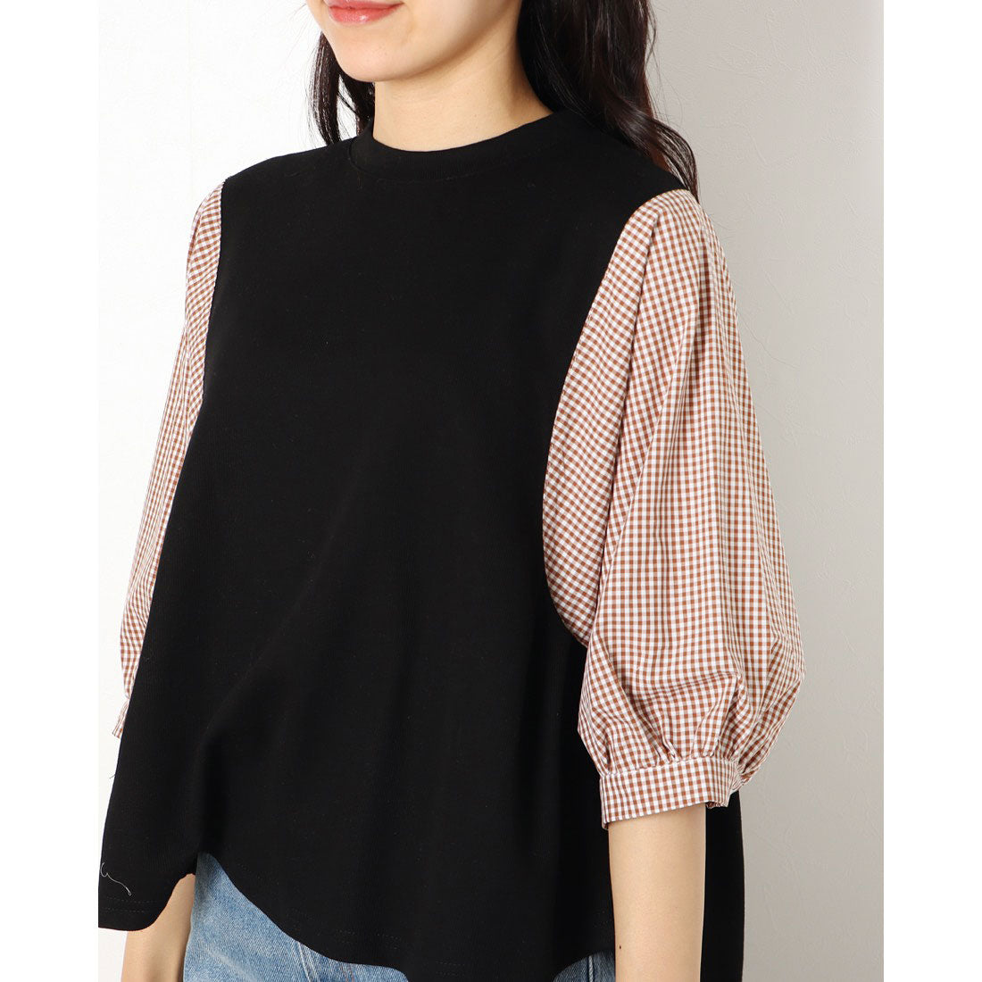 ジュノア JUNOAH 5分袖ドッキングブラウス 韓国ファッション