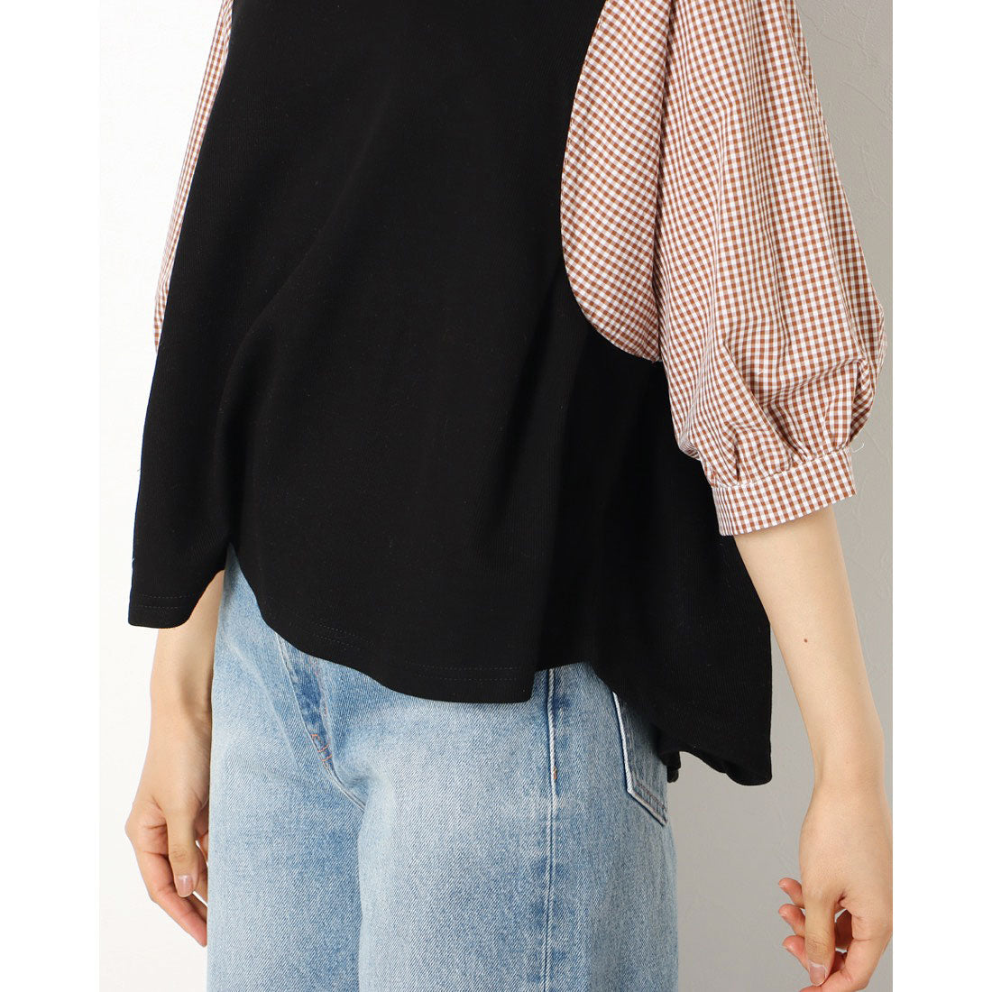 ジュノア JUNOAH 5分袖ドッキングブラウス 韓国ファッション