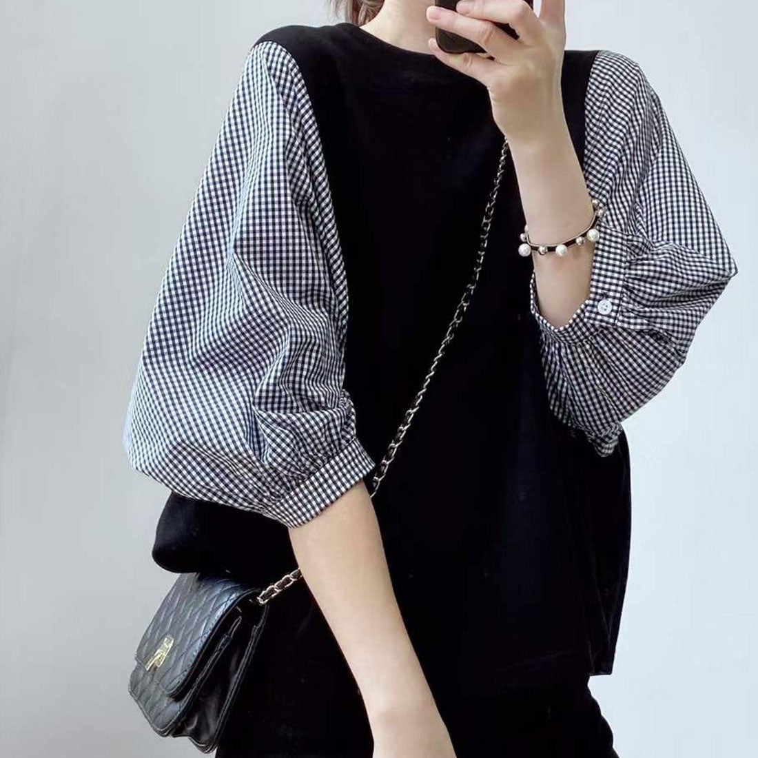 ジュノア JUNOAH 5分袖ドッキングブラウス 韓国ファッション,チェックネイビー