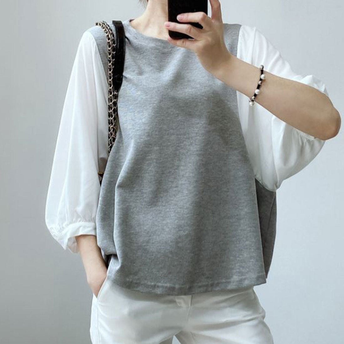 ジュノア JUNOAH 5分袖ドッキングブラウス 韓国ファッション,グレー