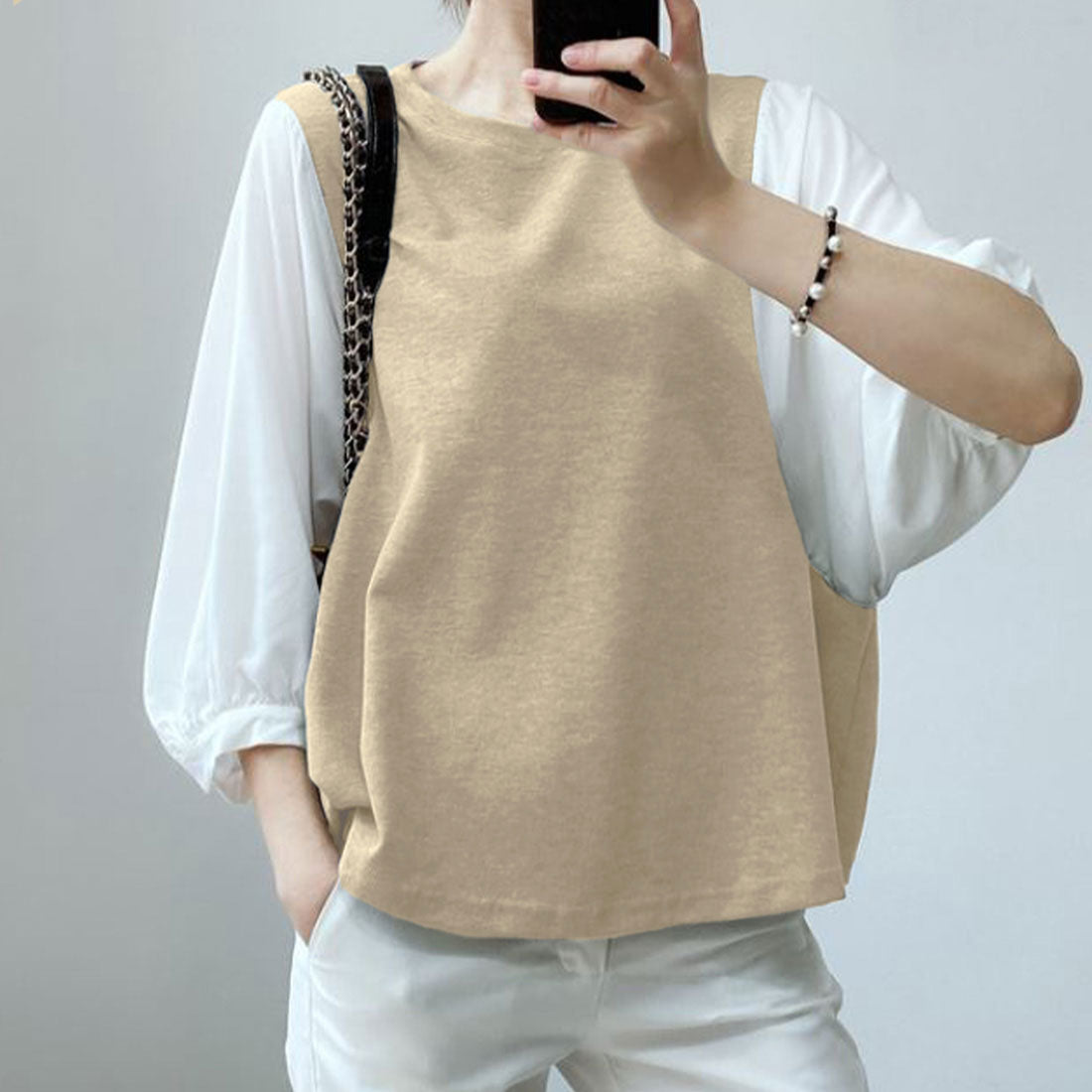 ジュノア JUNOAH 5分袖ドッキングブラウス 韓国ファッション,ベージュ