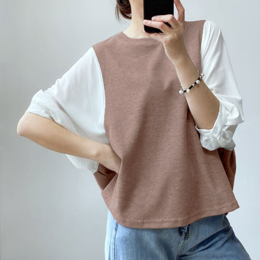 ジュノア JUNOAH 5分袖ドッキングブラウス 韓国ファッション,グレージュ