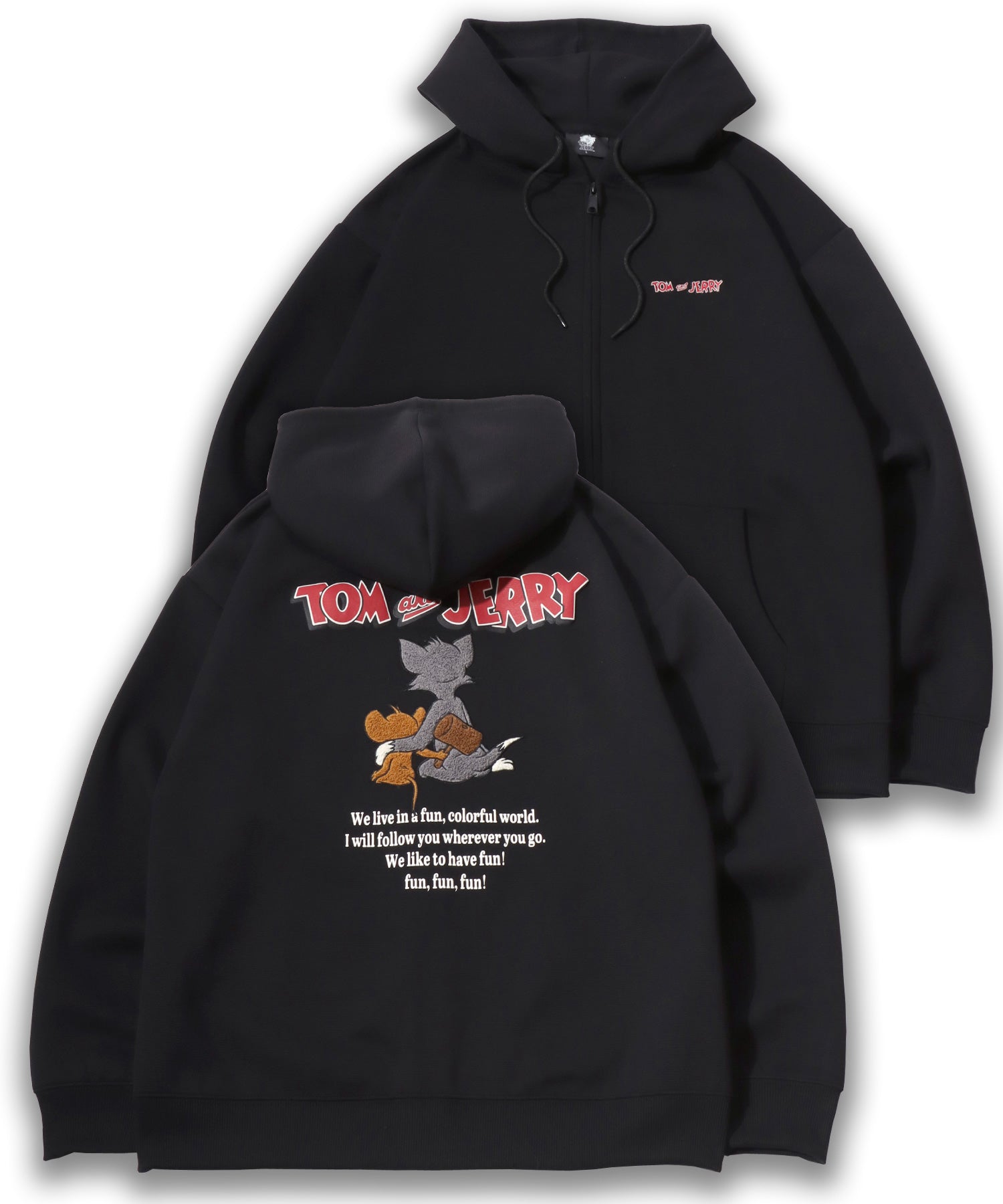 Tom and Jerry/トムとジェリー オーバーサイズ  リップルダンボールスウェット アップリケ/サガラバック刺繍 ワンポイント フルジップパーカー フーディー レディース メンズ ブラック