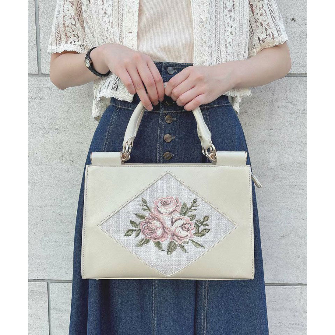 アンアナザーアンジェラス an another angelus 【大人気！】ローズ刺繍トートバッグ （IVORY） IVORY