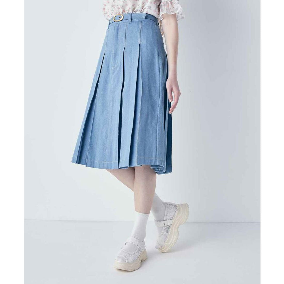 アンアナザーアンジェラス an another angelus ベルト付きボックスタックデニムスカート【洗える】 （L/BLUE） L/BLUE