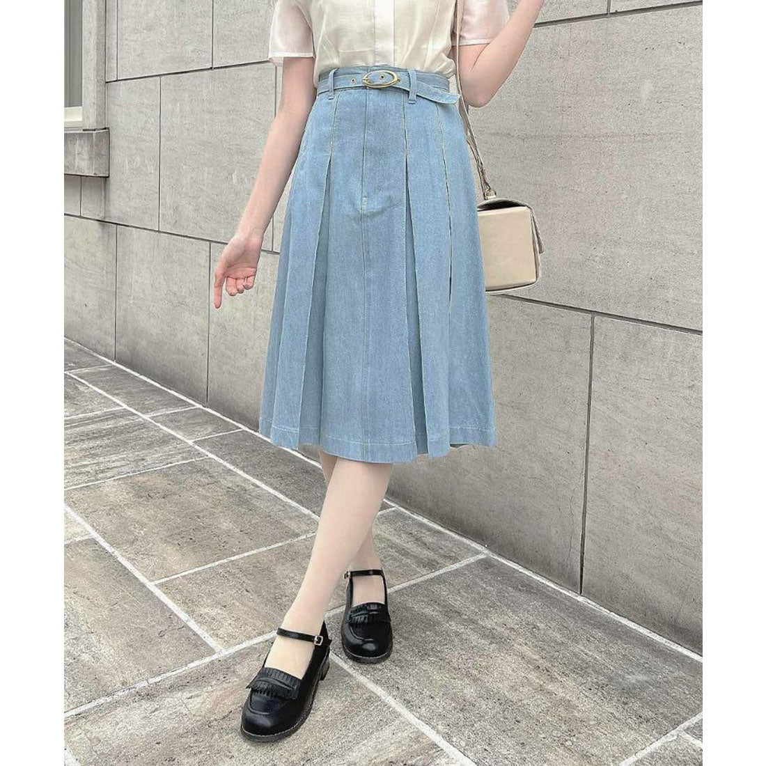 アンアナザーアンジェラス an another angelus ベルト付きボックスタックデニムスカート【洗える】 （L/BLUE） L/BLUE