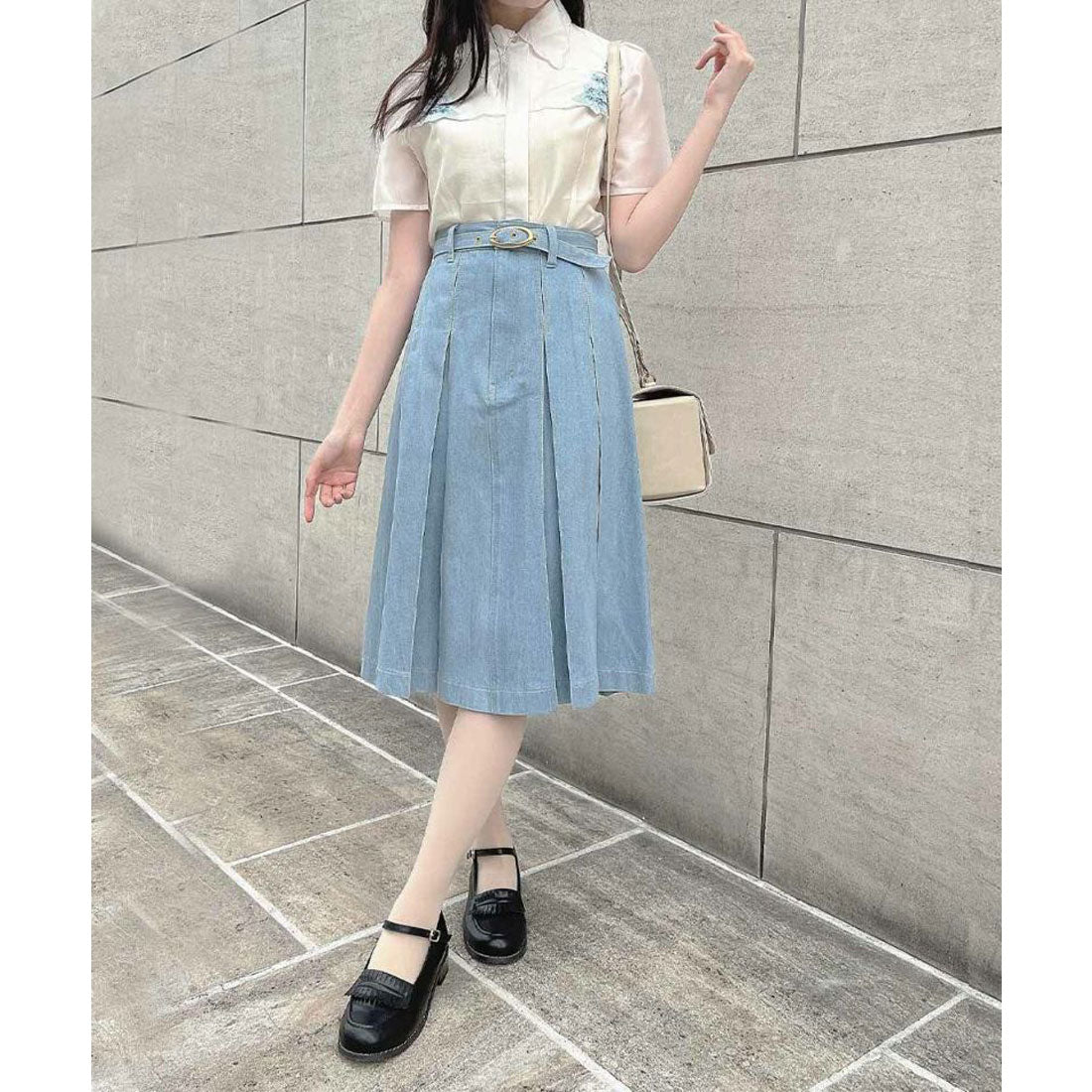 アンアナザーアンジェラス an another angelus ベルト付きボックスタックデニムスカート【洗える】 （L/BLUE） L/BLUE