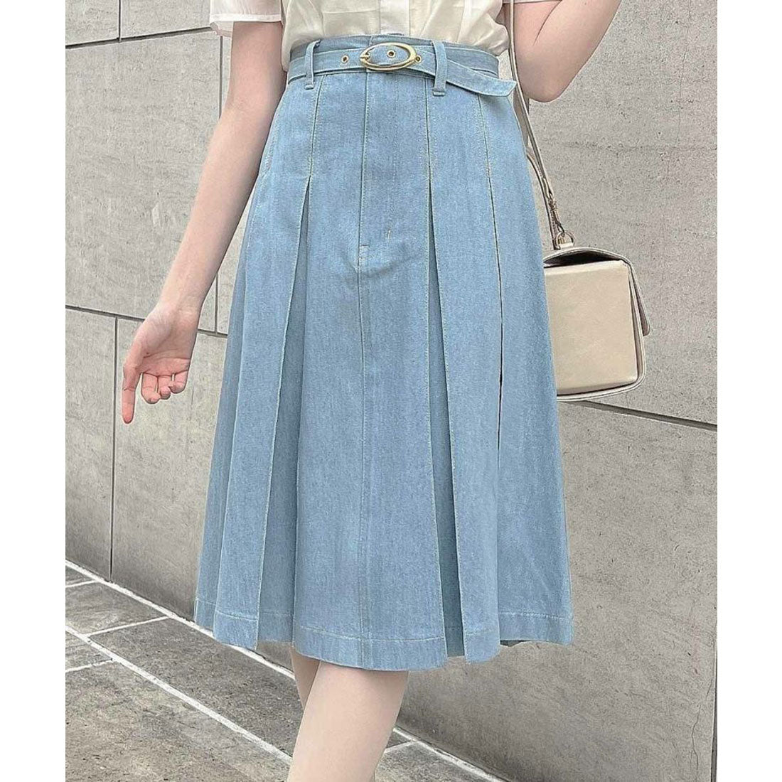 アンアナザーアンジェラス an another angelus ベルト付きボックスタックデニムスカート【洗える】 （L/BLUE） L/BLUE