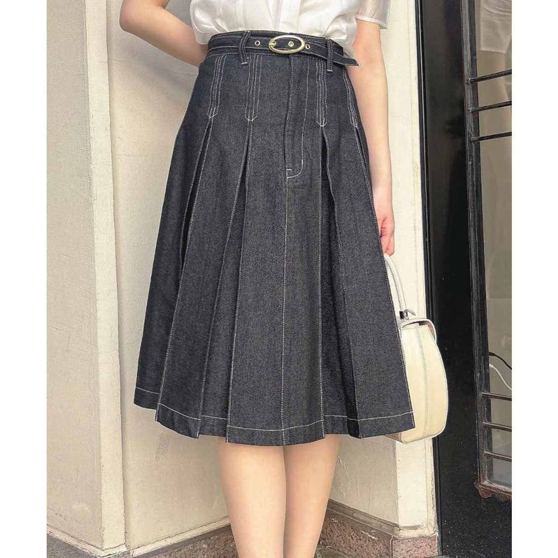 アンアナザーアンジェラス an another angelus ベルト付きボックスタックデニムスカート【洗える】 （BLACK） BLACK