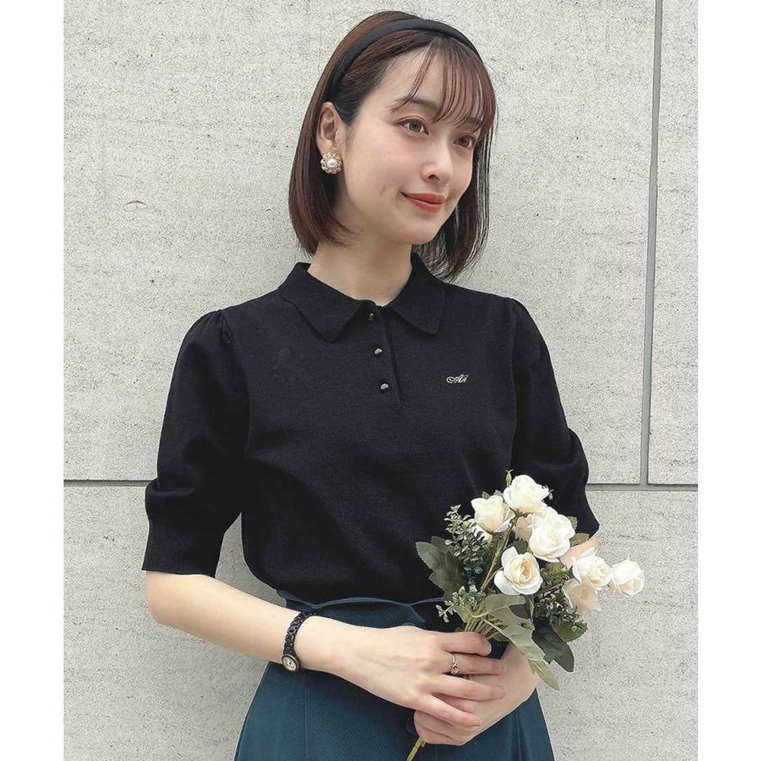 アンアナザーアンジェラス an another angelus ANロゴ刺繍ニットポロ【洗える】 （BLACK） BLACK