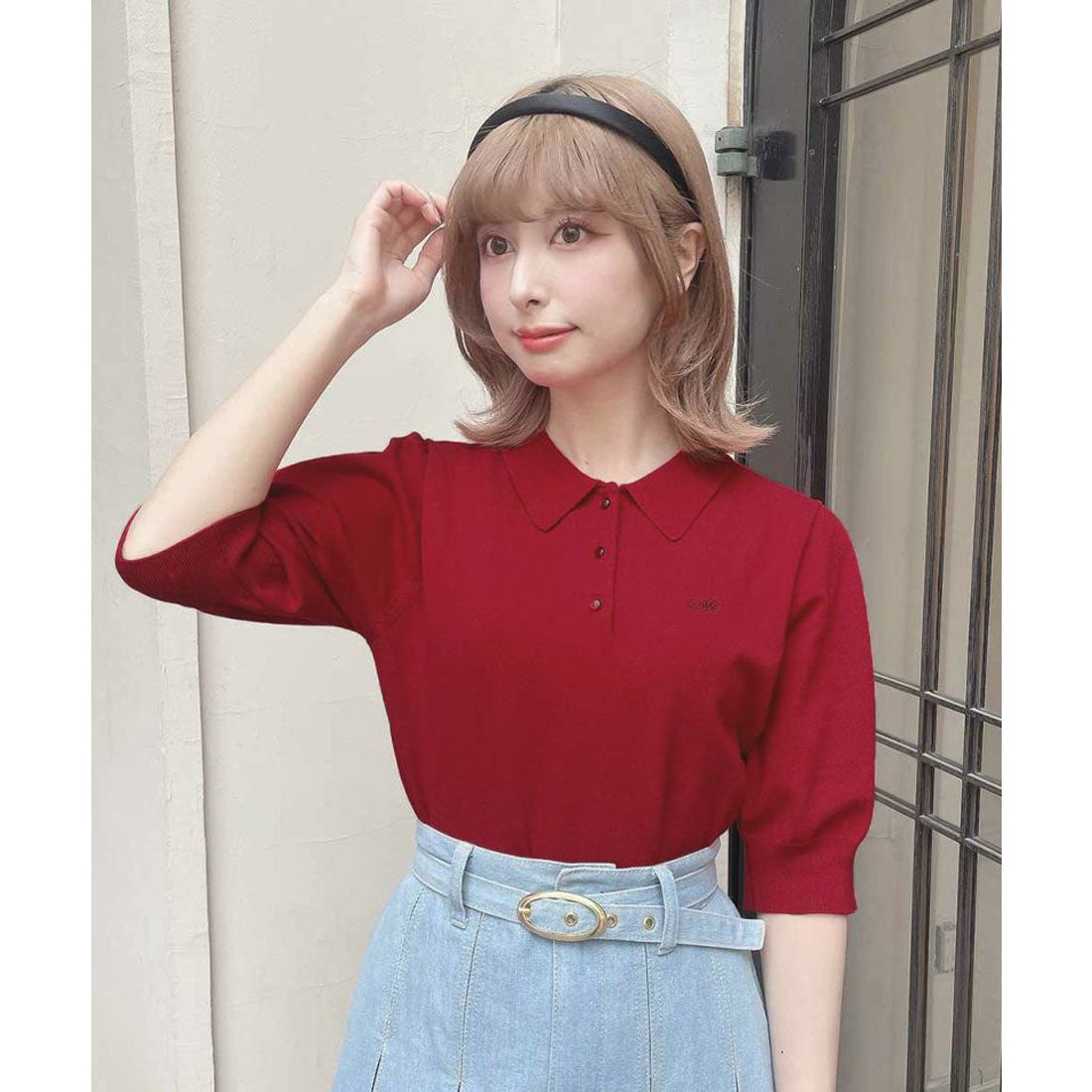 アンアナザーアンジェラス an another angelus ANロゴ刺繍ニットポロ【洗える】 （RED） RED