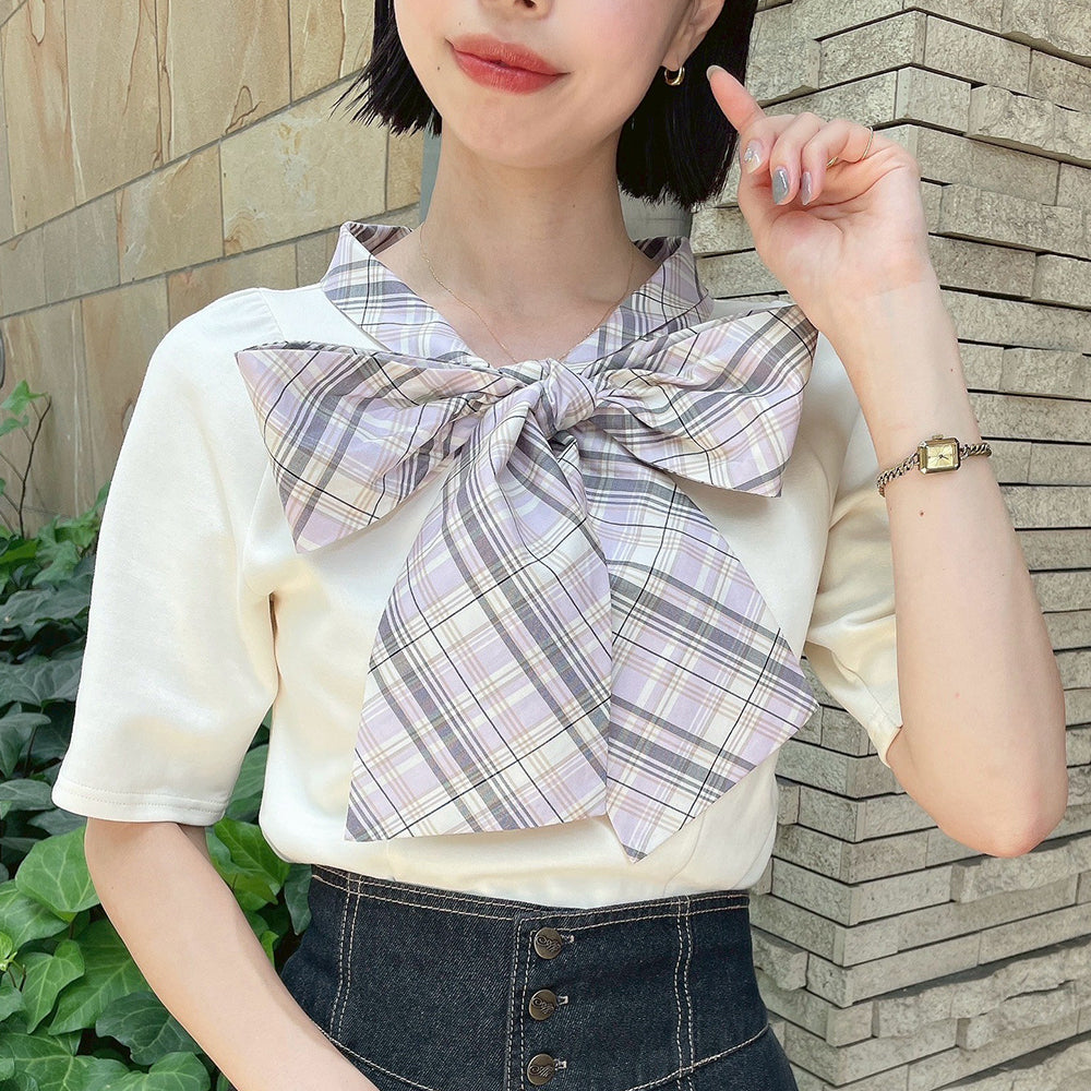 アンアナザーアンジェラス an another angelus 楽天ガールズアワード 【モデル着用商品】【洗える】チェックリボンタイカットトップス （LAV×WH） LAV×WH