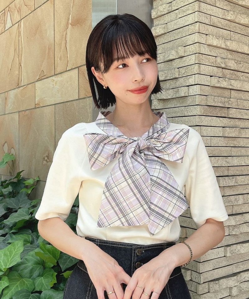 アンアナザーアンジェラス an another angelus 楽天ガールズアワード 【モデル着用商品】【洗える】チェックリボンタイカットトップス （LAV×WH） LAV×WH