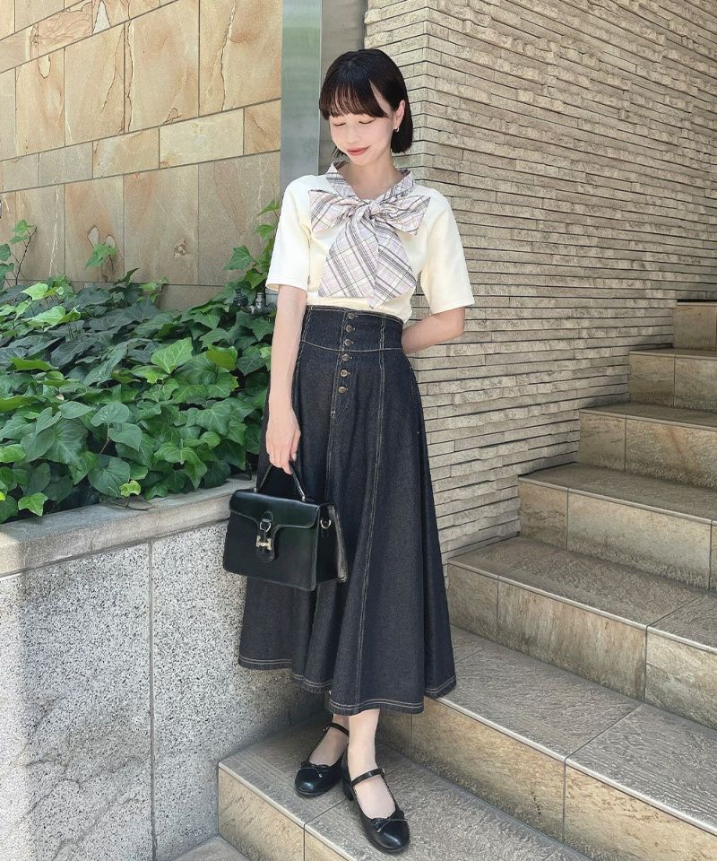 アンアナザーアンジェラス an another angelus 楽天ガールズアワード 【モデル着用商品】【洗える】チェックリボンタイカットトップス （LAV×WH） LAV×WH