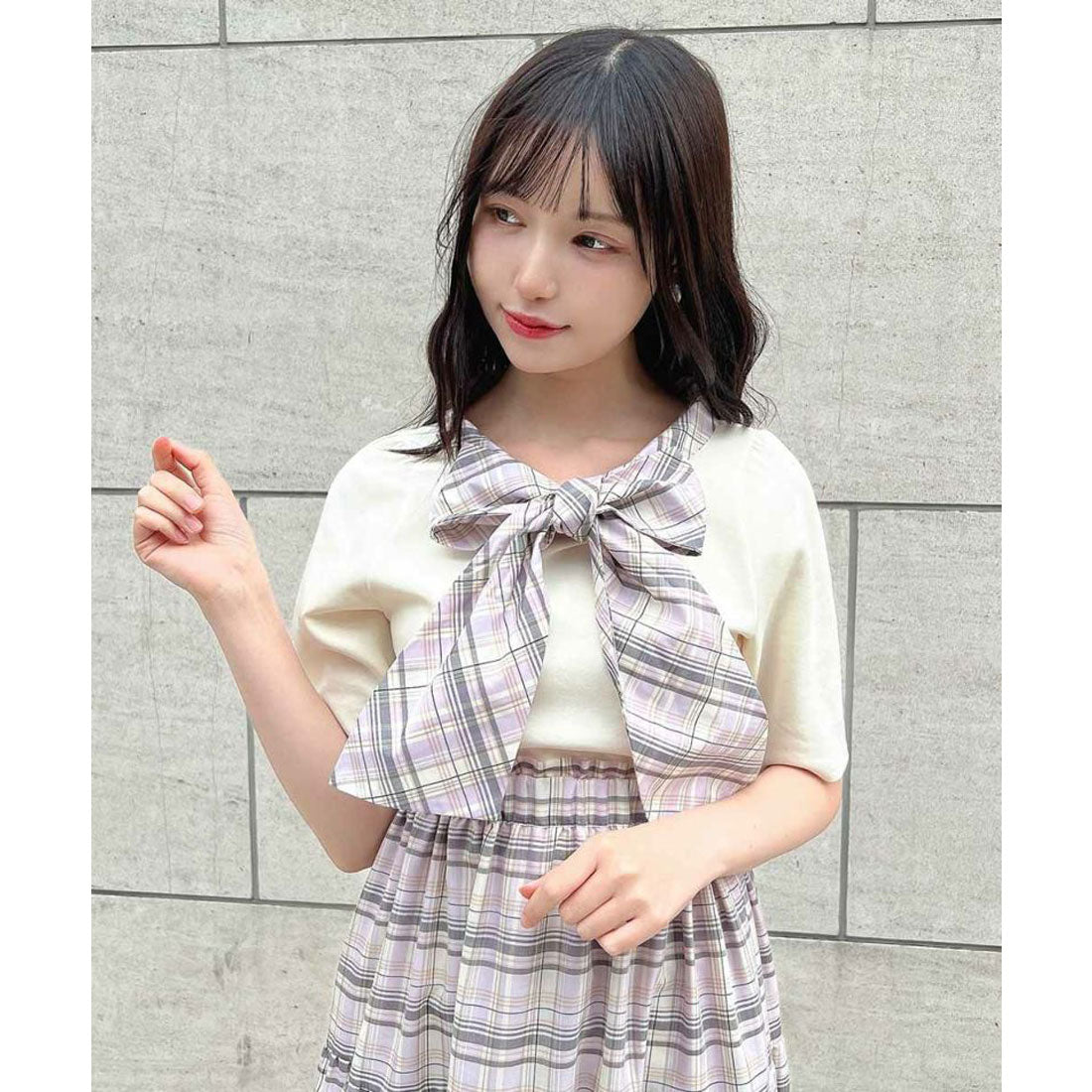 アンアナザーアンジェラス an another angelus 楽天ガールズアワード 【モデル着用商品】【洗える】チェックリボンタイカットトップス （LAV×WH） LAV×WH