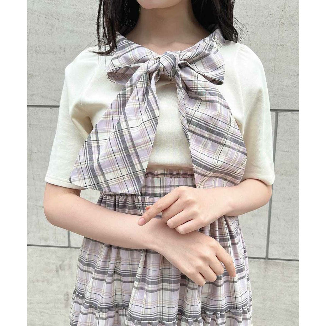 アンアナザーアンジェラス an another angelus 楽天ガールズアワード 【モデル着用商品】【洗える】チェックリボンタイカットトップス （LAV×WH） LAV×WH